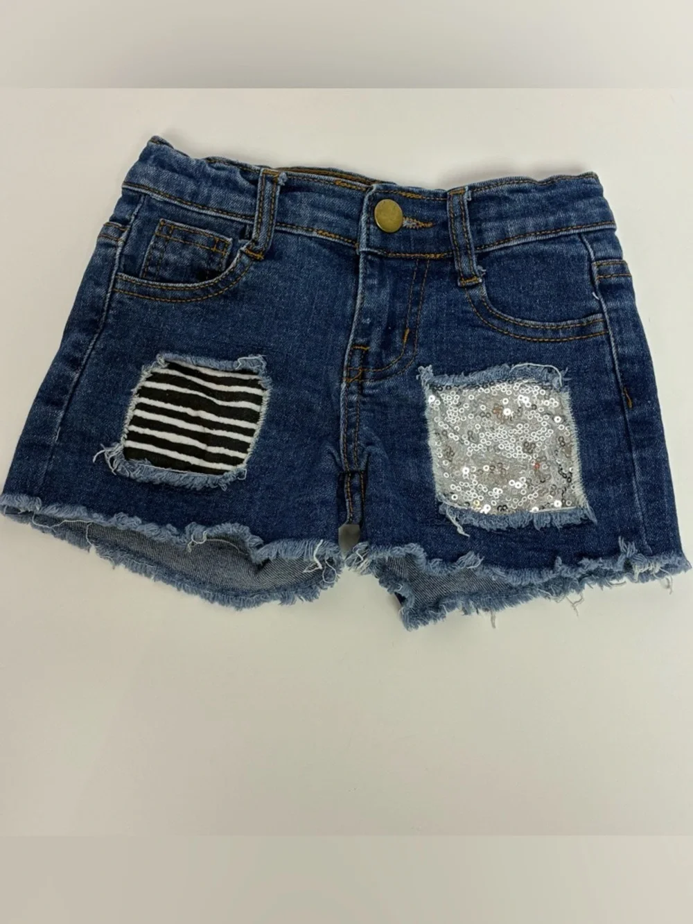 Girls Kids Size Small Jean Shorts Front Patches Striped Sequin